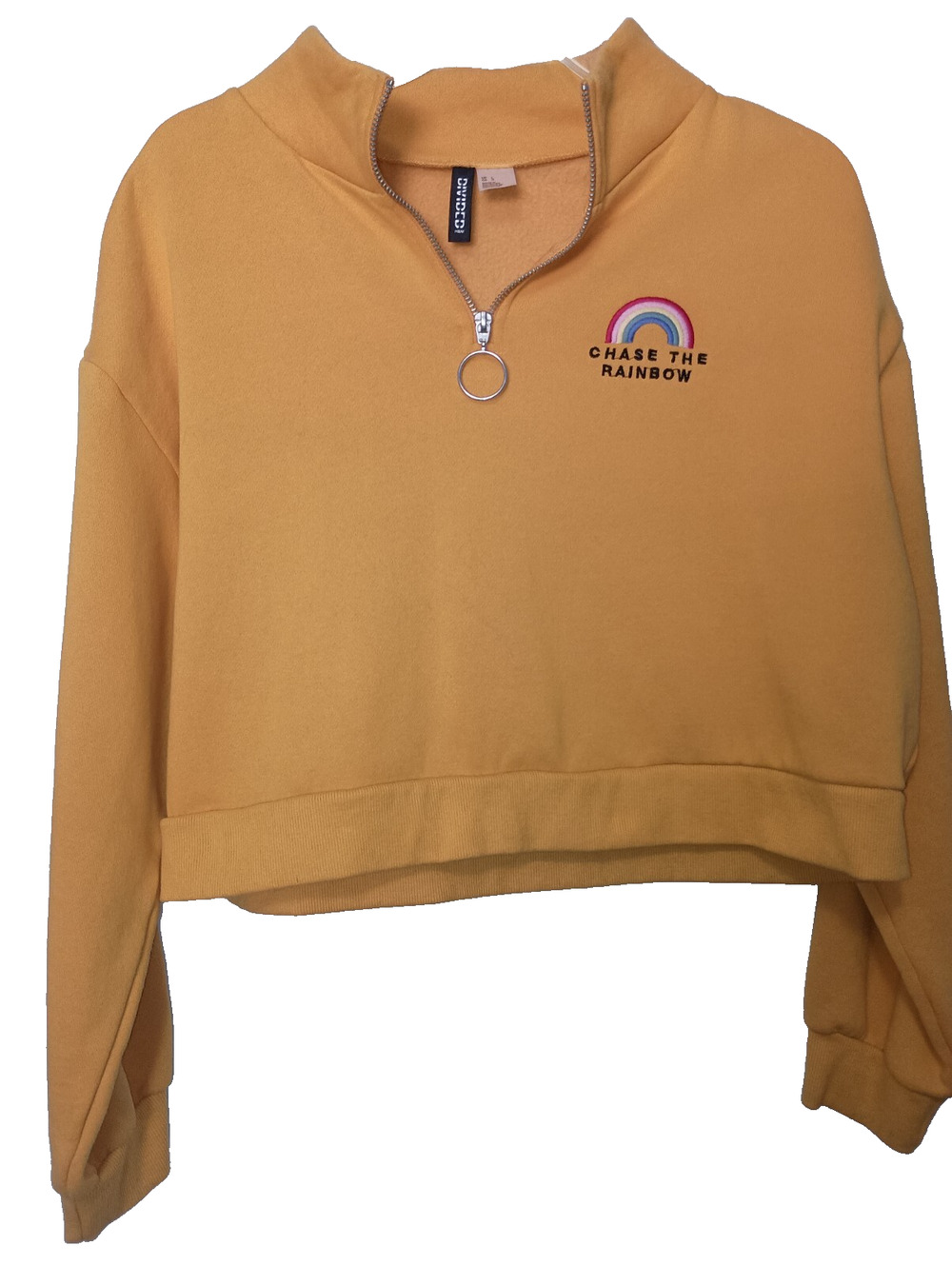 HM Divided Mustard Yellow Crop Quarter Zip Sweatshirt Pullover Rainbow Large L